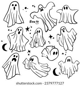 Simplicity halloween ghost, set of cute halloween ghosts illustration design, flat halloween ghosts element collection template vector