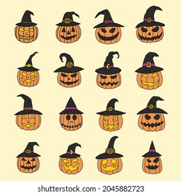 Simplicity halloween pumpkin with witch hat collection freehand drawing flat design.Vector illustration.