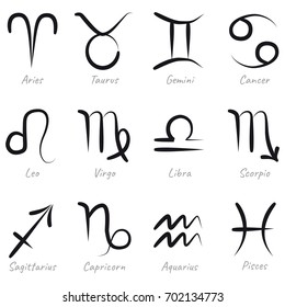 Simplicity hand drawn all twelve zodiac symbols with names, black ink isolated on white background