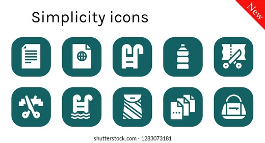 simplicity icon set. 10 filled simplicity icons. Simple modern icons about  - File, Swimming pool, Water, Scissors, Bag