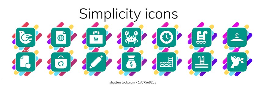 simplicity icon set. 14 filled simplicity icons. Included Dove, File, Bag, Shopping bag, Rolling pin, Crab, Watch, Swimming pool, Clothing hanger icons