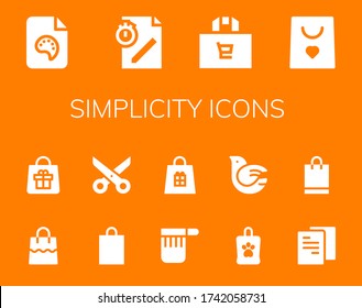 simplicity icon set. 14 filled simplicity icons.  Simple modern icons such as: File, Shopping bag, Bag, Scissors, Dove
