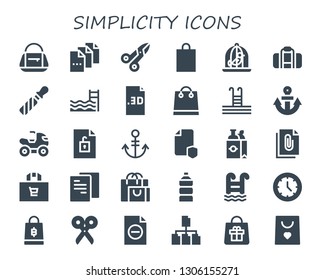 simplicity icon set. 30 filled simplicity icons.  Simple modern icons about  - Bag, File, Scissors, Shopping bag, Dove, Swimming pool, Anchor, Quad, Water, Watch