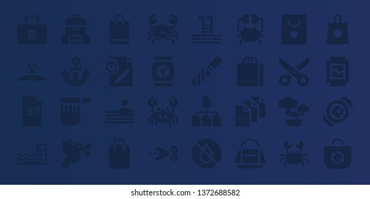 simplicity icon set. 32 filled simplicity icons. on blue background style Collection Of - Shopping bag, Clothing hanger, File, Swimming pool, Bag, Anchor, Dove, Crab, Scissors