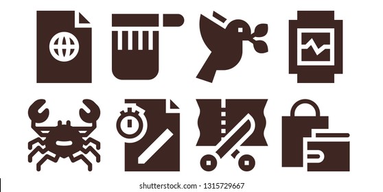 simplicity icon set. 8 filled simplicity icons.  Simple modern icons about  - Crab, File, Bag, Scissors, Dove, Shopping bag, Watch