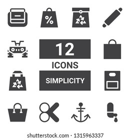 simplicity icon set. Collection of 12 filled simplicity icons included Water, Anchor, Cut, Shopping bag, Paper bag, Bag, Rolling pin, Quad