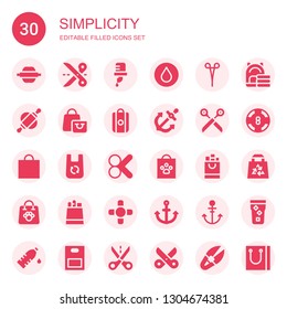 simplicity icon set. Collection of 30 filled simplicity icons included Rolling pin, Scissors, Water, Shopping bag, Anchor, Bag, Cut, Paper bag, Coffee table, Casino, Scissor