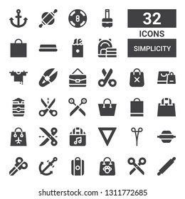 simplicity icon set. Collection of 32 filled simplicity icons included Rolling pin, Scissors, Shopping bag, Anchor, Water, Bag, Cut, Beer can, Scissor, Clothes hanger, Paper bag