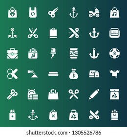 simplicity icon set. Collection of 36 filled simplicity icons included Shopping bag, Scissors, Bag, Anchor, Paper bag, Rolling pin, Clothes hanger, Water, Watering, Cut, Casino