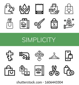 simplicity icon set. Collection of Shopping bag, Water, Paper bag, Scissors, Bag, Orthodox cross, Leak, Hanger icons