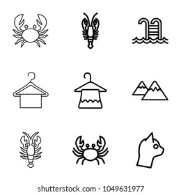 Simplicity icons. set of 9 editable outline simplicity icons such as crab, hanger, cat, mountain
