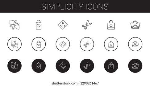 simplicity icons set. Collection of simplicity with scissors, shopping bag, anchor, bag. Editable and scalable simplicity icons.