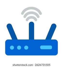 Simplicity Internet Router with Wireless Broadband Icons in Vibrant Blue Colors for Online Smart Home Networking Innovation and Connectivity Modem Technology. Flat Design Vector illustration.