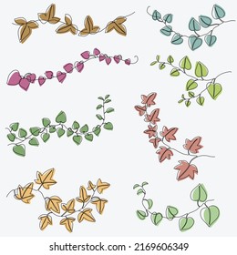 Simplicity ivy continuous line freehand drawing collection. Vector illustration.