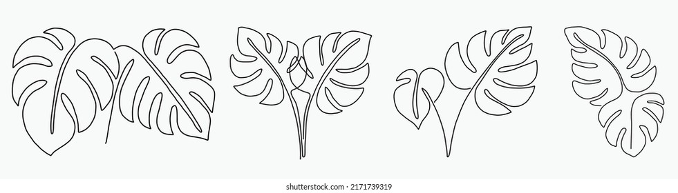 Sencillez monstera hoja libre de dibujo continuo de línea de diseño plano.Ilustración vectorial.