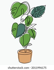 Simplicity monstera plant freehand continuous line drawing flat design. Vector illustration.