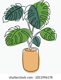 Simplicidad monstera planta diseño plano de línea continua a mano libre. Ilustración vectorial.
