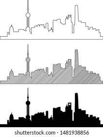Simplicity outline Shanghai business district skyline on white background. 