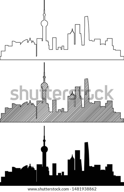 Simplicity Outline Shanghai Business District Skyline Stock Vector Royalty Free