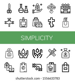 simplicity simple icons set. Contains such icons as Scissors, Leak, Chemical, Sugar blood level, Shopping bag, Orthodox cross, Casino, Water, can be used for web, mobile and logo
