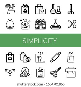 Einfachheit, einfache Symbole gesetzt. Enthält Symbole wie Beutel, Einkaufsbeutel, Casino, Chemical, Wasser, Scheren, Leak, Wildfire, Zucker Blutspiegel, kann für Web-, Mobil- und Logo-verwendet werden