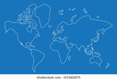 Simplicity style outline vector world map on blue background. Vector illustration.
