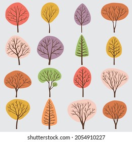 Sencillez árbol de dibujo a mano alzada colección de diseño plano.Ilustración vectorial.