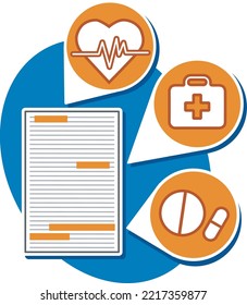 simplificación de un texto médico complicado con íconos de latido cardíaco, primeros auxilios y medicación