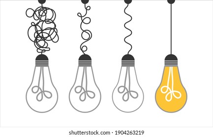 Simplification concept art with light bulb idea. Simple and creative think or search creative idea. Difficulty curve doodle path chaos. Untangle curve complex scribble vector illustration Problem way