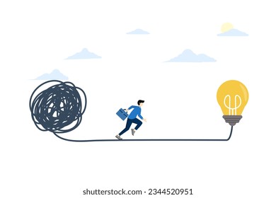 simplification concept of idea to find solution, process of thinking or creativity to solve problem, finding easy way, smart entrepreneur moving away from chaos of lines towards simple light bulb idea