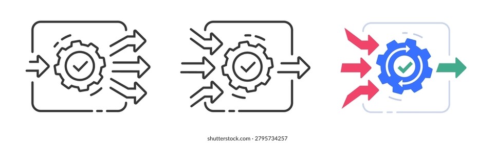 Simplification input workflow business processes gear cog icon vector modern graphic set line stroke outline, minimize output automation operation method, optimization dividing efficiency improve