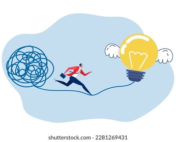 Simplification streamlining process ,businessman walking away from mess chaos line to simple lightbulb idea discover easy way from straight and curve vector illustration