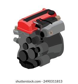 Simplificado 2 litros 4 cilindros 16 válvulas doble arriba árbol de levas motor de gasolina de combustión interna con tapa de válvula roja y cubierta de bobinas de encendido negro en japonés primeras Especificaciones ilustración Vector.