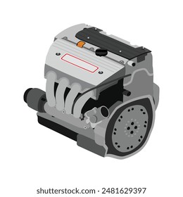 Motor de gasolina simplificado de 2,4 litros y 4 cilindros, doble árbol de levas en culata, con tapa superior gris del colector de escape y sin Vector adicional de ilustración de manguera de vacío.