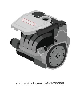 Motor de gasolina simplificado de 2,4 litros y 4 cilindros, doble árbol de levas en culata, con tapa superior del colector de escape grande gris y Vector con ilustración de la insignia de borde rojo.