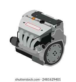 Motor de gasolina simplificado de 2,4 litros y 4 cilindros, doble árbol de levas en culata, con tapa superior gris del colector de escape y Vector adicional de ilustración de manguera de vacío.