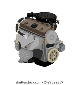 Simplified 3D inline 1.2 liters 4 cylinder single overhead camshaft with single updraft carburetor type engine in brown valve cover and grey timing belt cover illustration vector.