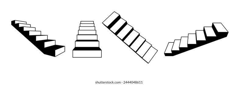 Simplified 3d stairway set. Line staircase in different perspective. Black and white stair steps collection. Graphic design element pack concept for success, growth, promotion, progress. Vector