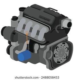 Estilo 3D simplificado 1,3 litros 4 cilindros 16 válvulas árbol de levas monomotor programado de gasolina con placa gris en la tapa superior y Vector de ilustración de solenoide de elevación de válvula variable.