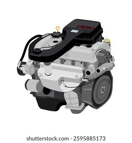 Simplified 3D style 1.3 liters 4 cylinder 16 valves double overhead camshaft carburetor engine in Japanese late 80s spec with downdraft single barrel type and air cleaner box illustration vector.