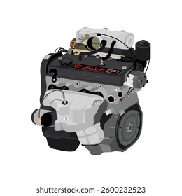 Simplified 3D style 1.3 liters 4 cylinder 12 valves single overhead camshaft fuel injected engine in Japanese late 80s spec without power steering pump with badge included illustration vector.