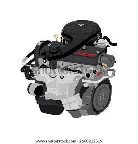 Simplified 3D style 1.3 liters 4 cylinder 12 valves single overhead camshaft programmed carburetor engine in Japanese mid 80s spec with badge and power steering pump included illustration vector.