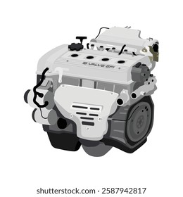 Simplified 3D style 1.5 liters 4 cylinders 16 valves double overhead camshaft programmed gasoline injected engine in Japanese early specs with dual vacuum hose on dashpot illustration vector.