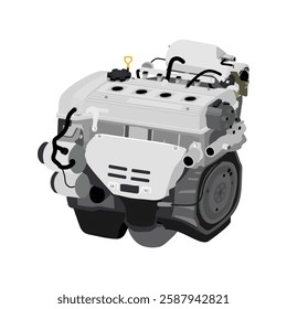 Simplified 3D style 1.5 liters 4 cylinders 16 valves double overhead camshaft gasoline injected engine in Japanese late specs with single purge vacuum hose and solenoid on dashpot illustration vector.