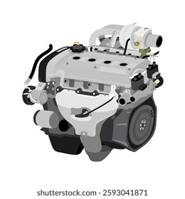 Simplified 3D style 1.5 liters 4 cylinder 16 valves double overhead camshaft fuel injection engine in Japanese late 90s spec with tubular inlet manifold and twin ignition coils illustration vector.