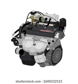 Simplified 3D style 1.5 liters 4 cylinder 12 valves single overhead camshaft fuel injected engine in Japanese mid 80s spec with badge and power steering pump included illustration vector.