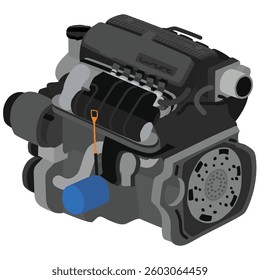 Simplified 3D style 1.5 liters 4 cylinders 16 valves single overhead camshaft programmed gasoline injected engine with full engine on top cover included natural gas injectors illustration vector.