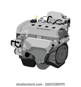 Simplified 3D style 1.5 liters 4 cylinder 16 valves double overhead camshaft fuel injection engine in Thai mid 90s spec with badge and distributor included yellow hook dipstick illustration vector.