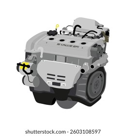 Simplified 3D style 1.5 liters 4 cylinder 16 valves double overhead camshaft fuel injection engine in Indonesia mid 90s spec with badge and distributor without oxygen sensor illustration vector.