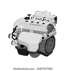 Simplified 3D style 1.6 liters 4 cylinders 16 valves double overhead camshaft programmed gasoline injected engine in Japanese early specs with dual vacuum hose on dashpot illustration vector.